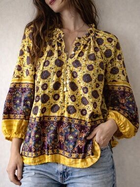 Sundance Yellow Floral Border Printed Peasant Blouse XS Boho Festival Top NWT